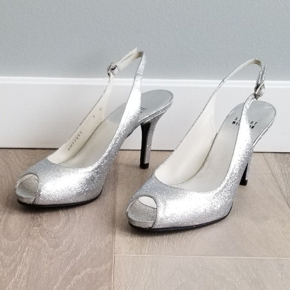 Stuart Weitzman Silver Mini Glitter Slingback Sz 7 - Picture 3 of 8